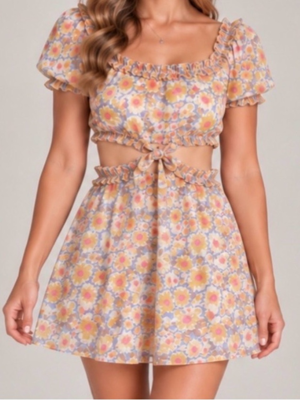 NWT Promesa Floral Cutout Open Back Puff Sleeve Mini Dress M